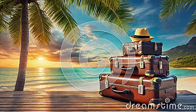 Stacked suitcases with a straw hat on a serene beach as the sun sets behind palm trees Stock Photo