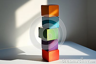 A stacked tower of multi-colored cubes on a light gray surface, with each cube casting a different Stock Photo