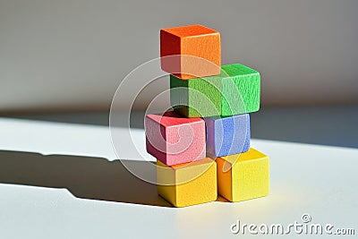 A stacked tower of multi-colored cubes on a light gray surface, with each cube casting a different Stock Photo