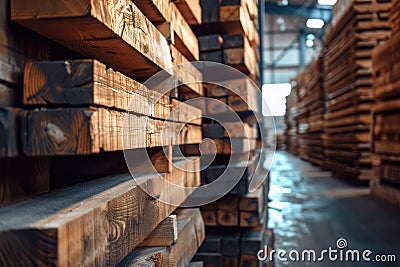 Stacked wooden beams in the warehouse Stock Photo