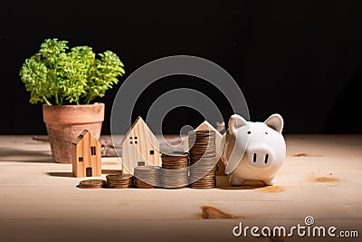 Stacking dollar coins piggy bank and house model with copy space for text or design. Home loan concept Stock Photo