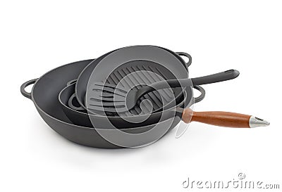 Stacking of nonstick frying pans Stock Photo