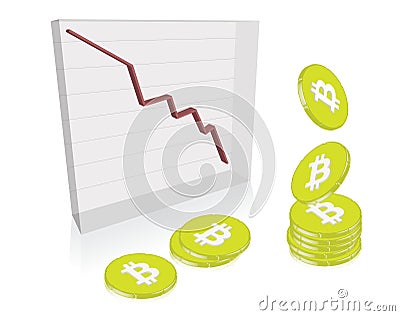 Stacks of Bitcoin coins against a declining graph depicted currency value crashing Stock Photo