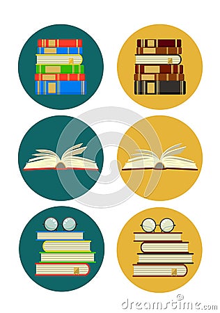 stacks of books and open book in circles. Vector Illustration