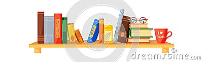 Stacks books shelf. Bookshelf of old library with glasses and red cup, flat icon vector illustration Vector Illustration