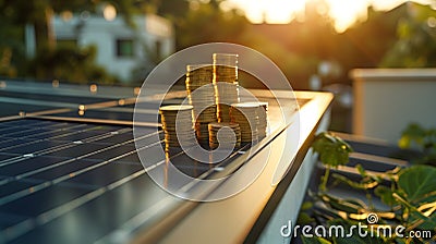 Stacks of coins are balanced on top of a solar panel installed on a flat roof. The coins glisten in the sunset Stock Photo