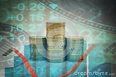 Stacks of coins with a business chart. Double exposure. Digital editing. Concept of savings, taxes or economy. The economic crisis Stock Photo