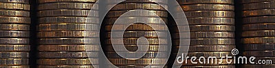 Stacks of coins closeup. Coin texture. Brown business banner or headline made of many coin edges. Economy finance and banking. Stock Photo