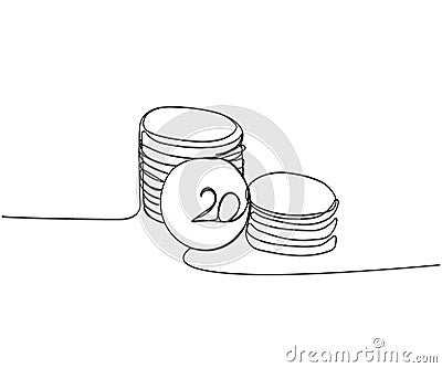 Stacks of coins of different heights, 20 cents, kopecks, pennies one line art. Continuous line drawing of bank, money Cartoon Illustration