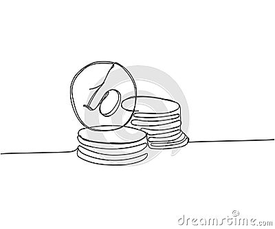Stacks of coins of different heights, 10 cents, kopecks, pennies one line art. Continuous line drawing of bank, money Vector Illustration