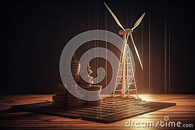 Stacks of coins with solar panels and windmill on background . Return on investment on clean energy Stock Photo