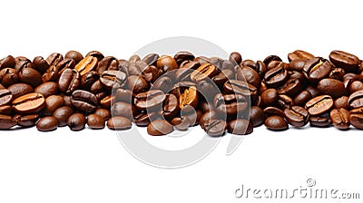 Stacks of dark brown roasted coffee beans lined up horizontally on a white background that can be stitched together seamlessly. Stock Photo