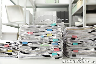 Stacks of documents with paper clips Stock Photo