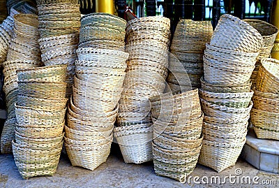 Stacks of empty handmade bamboo weaved baskets Stock Photo