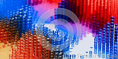 Stacks of glass cubes with different height on reflective background, abstract modern data visualisation, science, research or Cartoon Illustration
