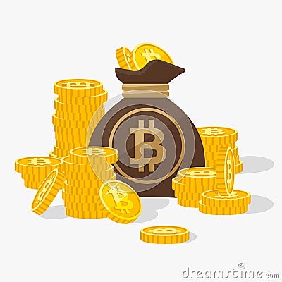 Stacks of gold Bitcoins and coins bag flat vector; Stock Photo
