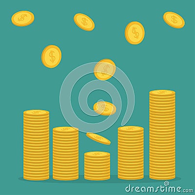 Stacks of gold coin icon flying falling down. Diagram shape. Dollar sign symbol. Cash money. Going up graph. Income and profits. G Vector Illustration