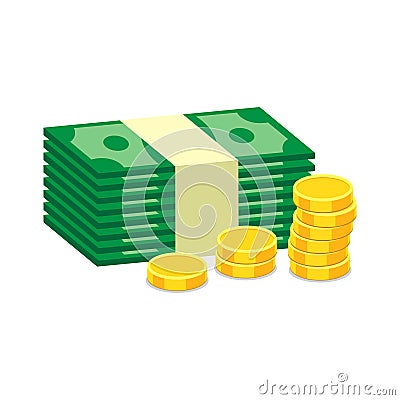 Stacks of gold coins and dollar cash. Vector illustration in fla Vector Illustration