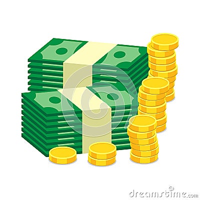 Stacks of gold coins and dollar cash. Vector illustration in fla Vector Illustration