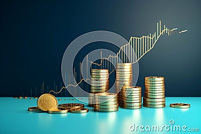 Stacks of gold coins money on minimal teal blue background with growing diagram Stock Photo