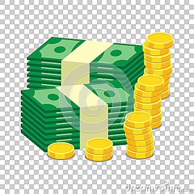 Stacks of gold coins and stacks of dollar cash. Vector illustration in flat design on isolated background Vector Illustration