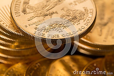 Collection of one ounce gold coins Stock Photo