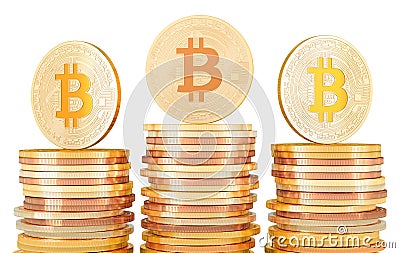 Stacks of golden coins with bitcoin coins, 3D rendering Stock Photo