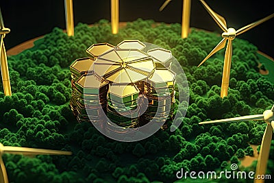 Stacks of golden coins with windmills on background. Return on investment on renewable clean energy. Stock Photo