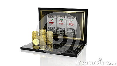 Stacks of golden Euro coins on laptop with 777 slots on screen Stock Photo