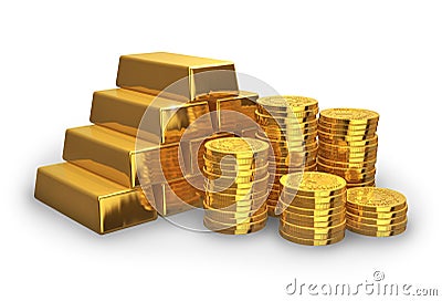 Stacks of golden ingots and coins Stock Photo