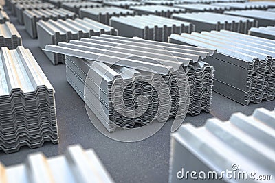 Stacks of metal corrugated sheets, steel zinc or galvanized wave shaped profile sheets for roof construction Cartoon Illustration