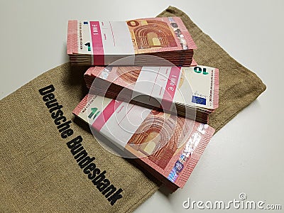 Stacks of money from the German Federal Bank. Three thousand Euros in den Euro notes. Editorial Stock Photo