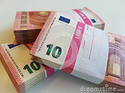 Stacks of money with ten Euro notes. Three thousand Euros. Stock Photo