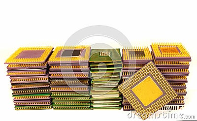 Stacks of old CPU chips and obsolete computer processors Stock Photo