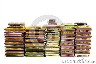 Stacks of old CPU chips and obsolete computer processors Stock Photo