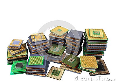 Stacks of old CPU chips and obsolete computer processors isolated on white background Stock Photo