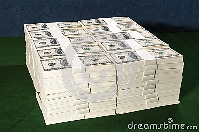 Stacks of one million US dollars in hundred dollar banknotes on Stock Photo