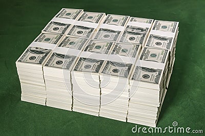 Stacks of one million US dollars in hundred dollar banknotes on Stock Photo