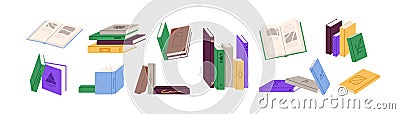 Stacks of paper books set. Open, closed textbooks. Different literature for reading, studying. Vertical, horizontal Vector Illustration