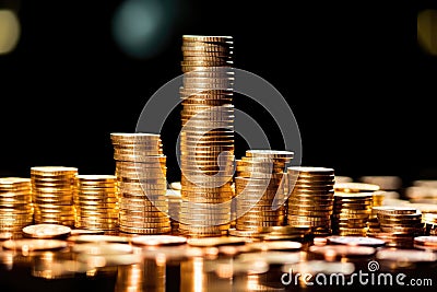 stacks of pennies dwarfed by towering gold bars Stock Photo