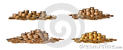 Stacks and piles of coins on white background Stock Photo