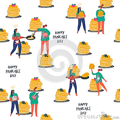 Stacks of ready-made pancakes. Hand drawn people and text: happy pancake day Vector Illustration