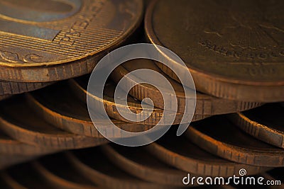 Stacks of Russian coins. Dark background Stock Photo