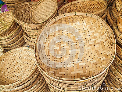 Stacks of woven cane baskets Stock Photo