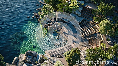 A stadium built on the shores of a crystalclear lake with seating areas nestled a the surrounding trees and rocks Stock Photo