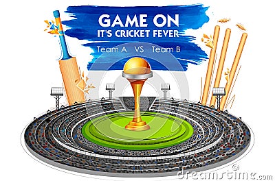 Stadium of Cricket with Bat, wicket and Trophy Vector Illustration
