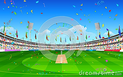 Stadium of cricket showing flags of participating countries Vector Illustration