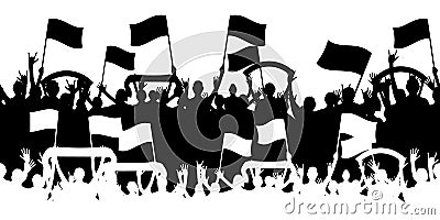 Stadium fans celebration. Friends crowd. Men and women with flags. Clubbing disco persons. People silhouettes. Soccer or Vector Illustration