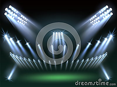 Stadium lights background. Directional sources, football field searchlights, cold rays, sport arena lighting design Vector Illustration