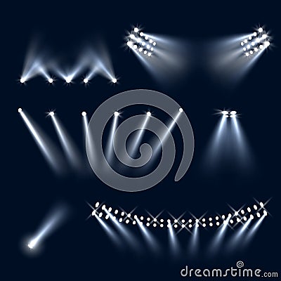 Stadium spotlights. Big area illumination professional lamp with directional light decent vector realistic templates Vector Illustration